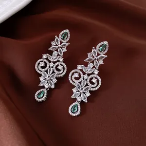 Luxurious emerald waterdrop tassel earrings with marquise cubic zirconia in silver alloy