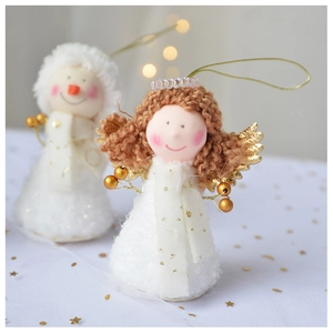 Close-up of plush angel and snowman ornaments with gold sequins for Christmas tree decor