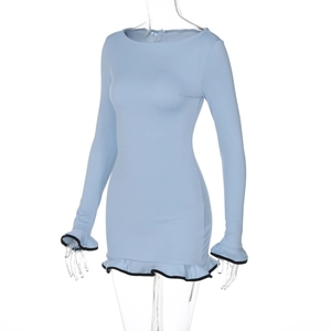 Close-up of light blue mini dress featuring bell sleeves and ruffled hem with black trim