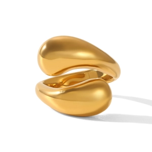 Detail of 18k gold plated stainless steel ring with asymmetric double drop design