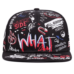 Streetwear graffiti flat brim baseball cap with bold artistic hip hop style patterns