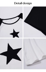 Dettaglio maglia Y2K con stampa a stella, maniche raglan e texture in tessuto a coste
