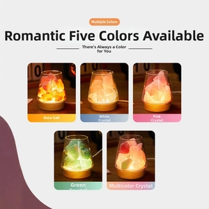 Detail of crystal salt lamp options with wooden LED base and USB cable for home decor