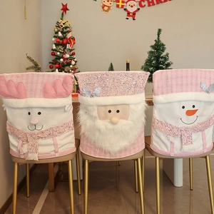 Pink Christmas Chair Back Covers Sequin Plush Plaid Cloth Santa Snowman Reindeer Doll Dining Room Home Decor Festive