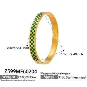 Detail showing dimensions of green checkerboard enamel stainless steel bangle