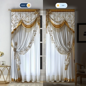 Luxurious white curtains with gold embroidery and tassels shown in day and night lighting