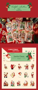 Close-up of vintage Santa stickers with gold foil details on coated paper