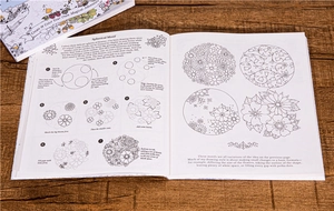 Detailed seven-step tutorial for drawing a spherical floral motif on a wooden table