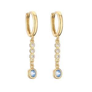Elegant 18K gold-plated drop earrings with clear stones and blue gemstone pendants