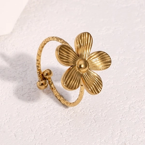 French style 18k gold plated stainless steel flower ring with adjustable open band