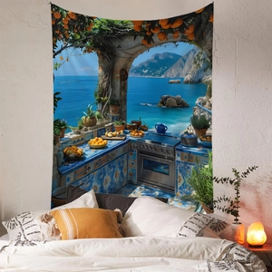 Detail of Mediterranean kitchen tapestry featuring lemon trees and ocean view in a cozy bedroom