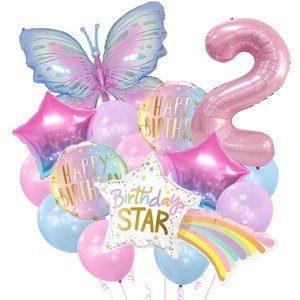 Detail of butterfly balloon set with number 2 star and birthday decorations for party