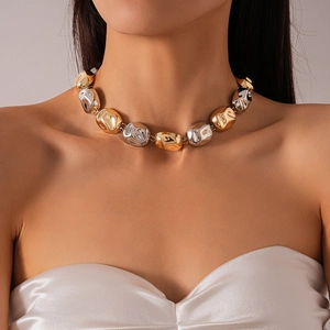 Exaggerated crumpled oval link necklace in gold and silver finish for women