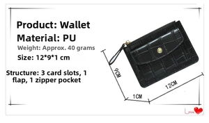 Detail view of black crocodile pattern PU wallet showing dimensions and structure