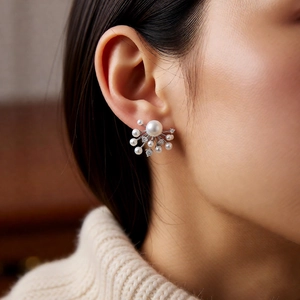 Close-up of model wearing sunburst pearl stud earrings with sparkling zircon accents