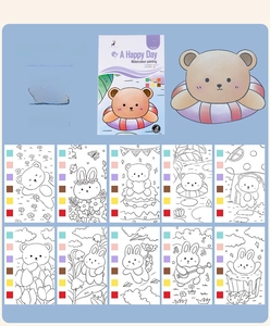 Detail showing 10 pages of forest animal themed watercolor painting sheets with paint tabs