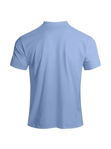 Detailed back view of a light blue short sleeve t-shirt showing the clean cut and fabric