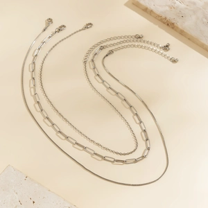 Detailed view of silver layered necklace set featuring snake and paperclip link chains