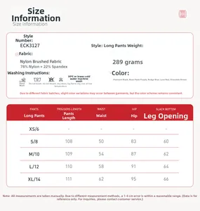 Size chart for high-waisted wide-leg athletic pants with fabric details and dimensions