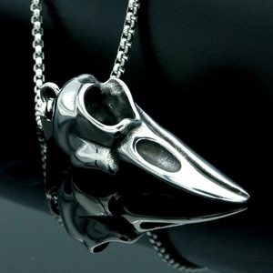 Polished stainless steel eagle skull pendant necklace with silver finish and matching chain