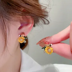 Flower Mushroom Stud Earrings With Alloy Enamel Rhinestone And Silver Earring Post Fresh Sweet Style For Women
