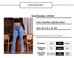 Size chart and fabric details for high waist flare jeans in light blue and dark blue