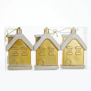 Three-piece set of golden Christmas house ornaments with snowy roofs and gold hanging loops