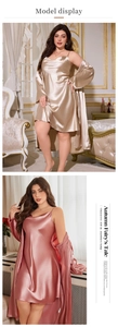 Close-up of V-neck satin nightgown and matching robe set in champagne and rose pink