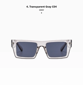 Detail view of square sunglasses with transparent gray frame and dark gray lenses