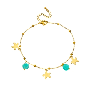 Gold starfish anklet with mint green stone beads and adjustable stainless steel chain