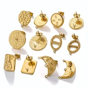 Stainless Steel Gold Plated Stud Earring Components With Loop DIY Earring Findings Abstract Face Geometric Textured For Women