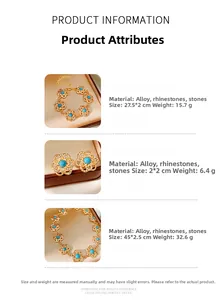 Detailed set of vintage gold hollow flower necklace with blue stones and white crystals