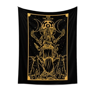 Bohemian black and gold The Moon tarot tapestry with moon goddess and wolves design