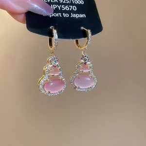14k gold plated gourd earrings with pink cat eye stone and 925 silver needles