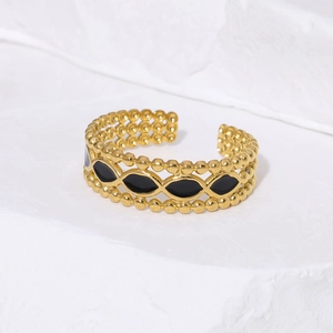 Gold-plated stainless steel open ring with multi-row beads and black enamel inlay