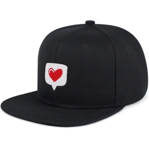 Classic black flat brim baseball cap with heart embroidery on white background