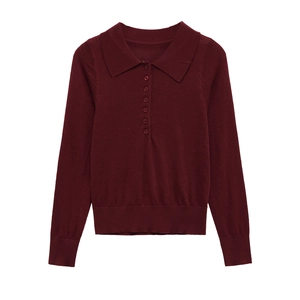 Classic burgundy long-sleeved polo knit sweater with polo collar and ribbed cuffs