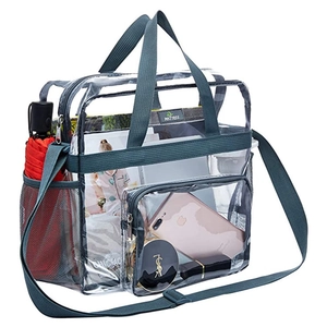 Detail view of transparent PVC travel bag with dark green straps and side umbrella pocket