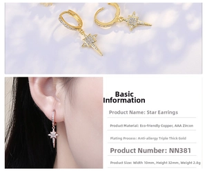 Detail of gold star drop earrings with AAA zircons and a lifestyle model photo