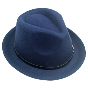 Classic navy blue wool fedora hat with black leather belt buckle for winter fashion