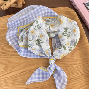 Detail showing vintage purple gingham and white daisy floral pattern cotton linen scarf
