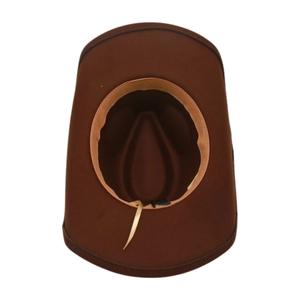 Top view of the brown wool felt cowboy hat interior showing the sweatband and adjustable strap