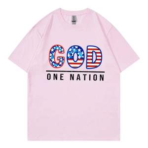 Pink short sleeve T-shirt with GOD ONE NATION print in a casual loose fit style