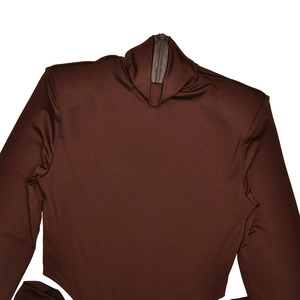 Detailed view of brown turtleneck dress with front zipper and side cut-outs design