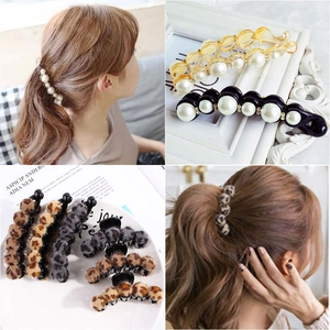 Banana Hair Clips Elegant Faux Artificial Pearl Rhinestone Leopard Print Plush Ponytail Claw Holder Accessory For Women Girls