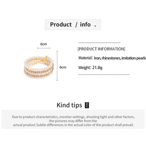 Detailed specs of multi-layer faux pearl and rhinestone bracelet with 6cm diameter