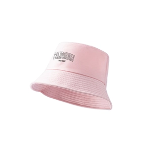 Detailed close-up of pink cotton bucket hat featuring California West Coast embroidery