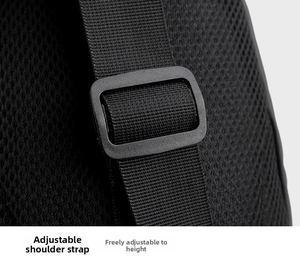 Detail view of adjustable shoulder strap with matte buckle and breathable honeycomb mesh