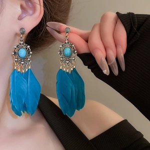 Détail de boucles d'oreilles en plumes bleues avec métal doré vintage et turquoise