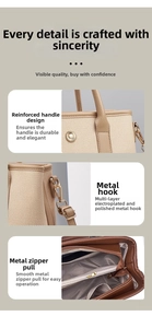 Close-up of contrast leather stitching, reinforced handles, and golden hardware of the tote bag